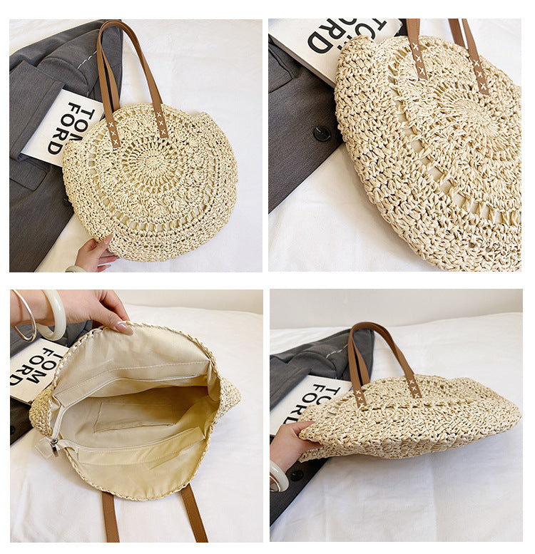 Round hollowed-out straw-woven bag, French single-shoulder hand-held woven bag