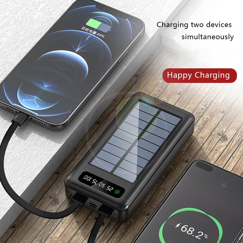 Solar Power Bank Large Capacity 20000 mAh Portable Fast Charging Outdoor Power Bank with Cable