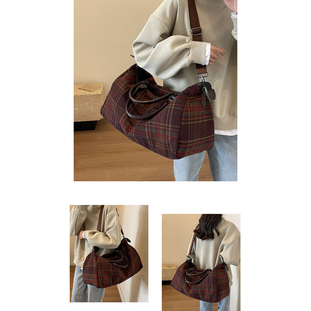 Large capacity retro plaid crossbody gym bag for short business trips and travel.
