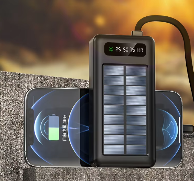 Solar Power Bank Large Capacity 20000 mAh Portable Fast Charging Outdoor Power Bank with Cable