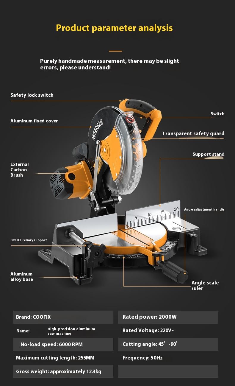 10-Inch 255MM Electric Multifunctional Aluminum Saw Wood Cutting Machine with 45 Degree Miter for Aluminum Work
