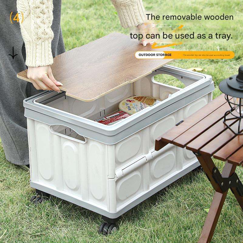 Car trunk storage box, outdoor camping storage box, folding camping organizer with wooden lid, picnic storage box