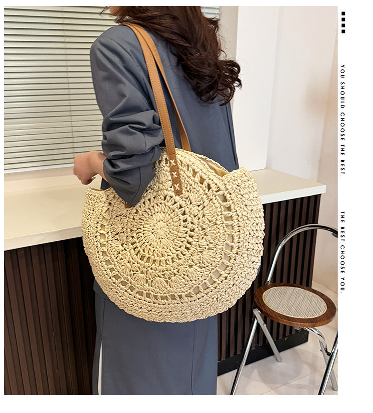 Round hollowed-out straw-woven bag, French single-shoulder hand-held woven bag