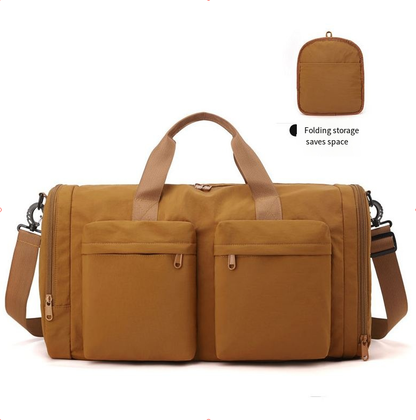 Foldable tote travel bag for women, large capacity, multi-pocket storage, canvas.